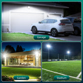 Collage of a garage, garden, and stadium with lighting fixtures.